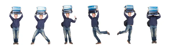 Uomo divertente con bagagli su bianco — Foto Stock