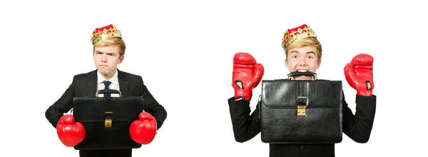 Empresário engraçado com coroa e luvas de boxe — Fotografia de Stock