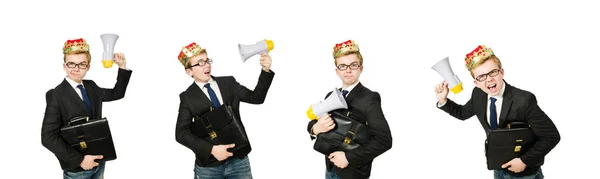 Homme avec couronne et mégaphone isolé sur blanc — Photo