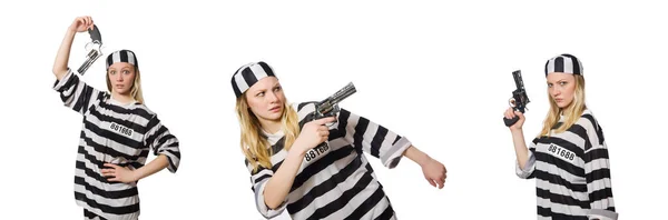 Prison inmate with gun isolated on white — Stock Photo, Image