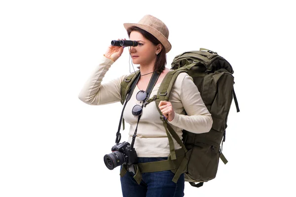 Leeftijd vrouwelijke toerist geïsoleerd op wit — Stockfoto