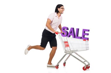 Satılık ve indirimli alışveriş konseptinde adam