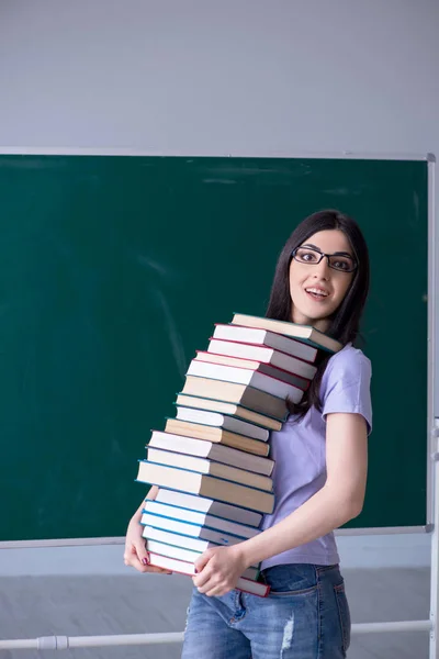 Молода студентка-вчителька перед зеленою дошкою — стокове фото