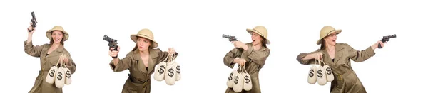 Woman wearing safari hat on white — Stock Photo, Image