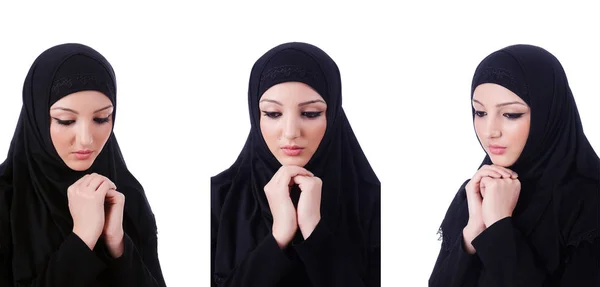Mujer joven musulmana usando hijab sobre blanco —  Fotos de Stock