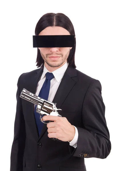 Молодой человек в черной маске на белом — стоковое фото
