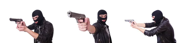Молодой бандит с пистолетом, изолированный на белом — стоковое фото