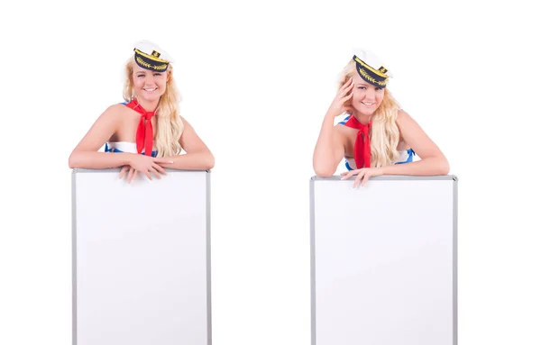 Stewardess met leeg bord op wit — Stockfoto