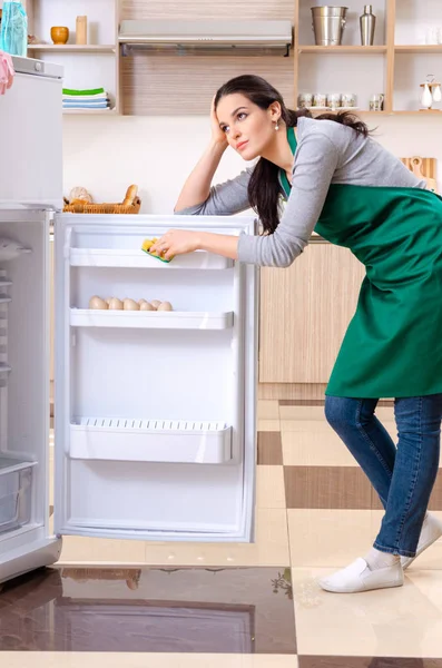 Hijyen konseptinde buzdolabını temizleyen genç bir kadın. — Stok fotoğraf