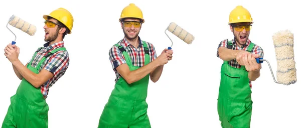 Pintor masculino com capacete isolado em branco — Fotografia de Stock