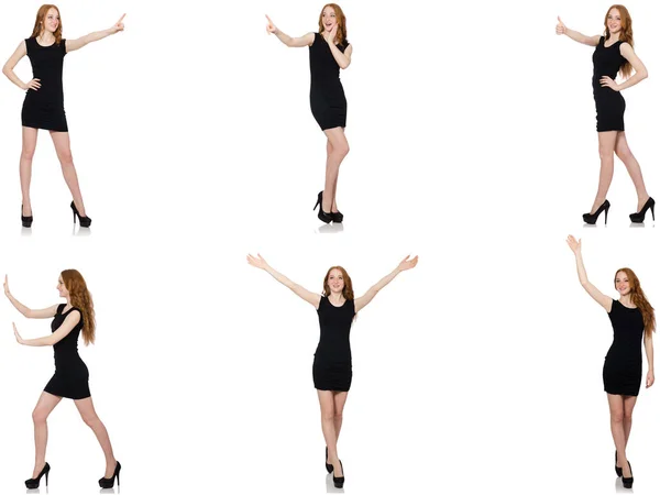 Молода жінка в чорній сукні натискає віртуальну кнопку — стокове фото