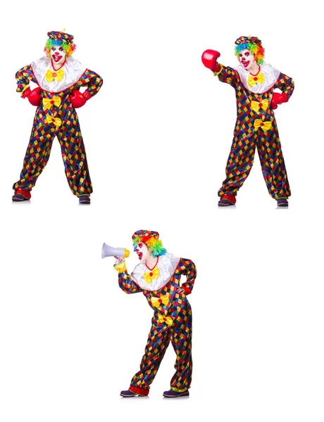 Buffo clown maschio con guanti da boxe e altoparlante — Foto Stock