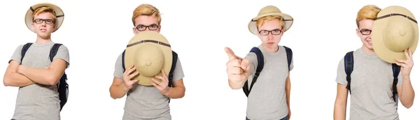 Junge mit Korkhelm und Rucksack — Stockfoto