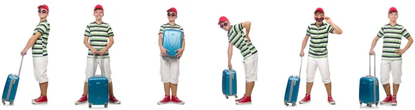 Young man with suitcase isolated on white — Stock Photo, Image