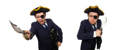 Bir evrak çantası ve üzerinde beyaz izole kılıç ile korsan gözlü