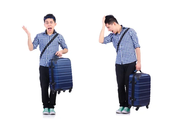 Joven con maleta de viaje en blanco —  Fotos de Stock
