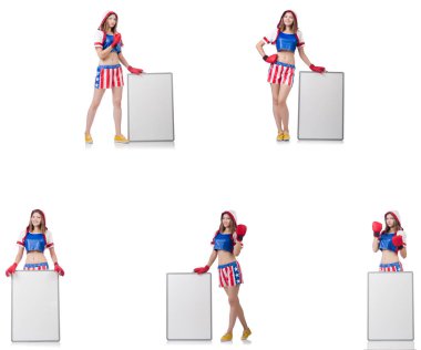 İle tahta üzerinde beyaz izole kadın boksör