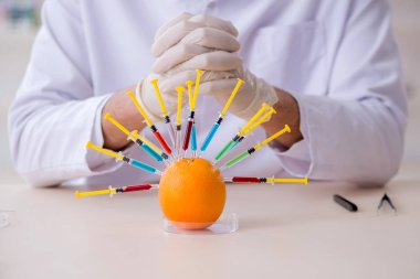 Erkek beslenme uzmanı gıda ürünlerini laboratuarda test ediyor.