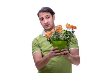 Alerjiden muzdarip genç adam beyaza izole edilmiş.