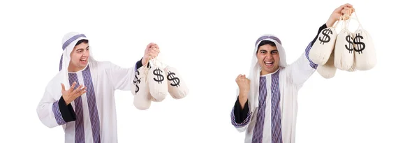 Arab man with money sacks isolated on white — Stock Photo, Image