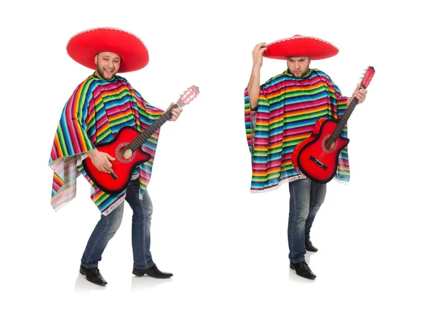 有趣的墨西哥佬，吉他与白色隔离 — 图库照片