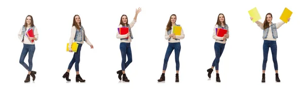Hübsche Studentin hält Schulbücher isoliert auf weiß — Stockfoto