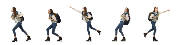 Söt flicka med ryggsäck isolerad på vitt — Stockfoto