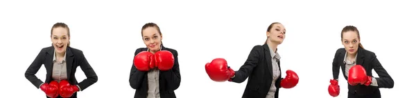 Empresária com luvas de boxe isolada em branco — Fotografia de Stock