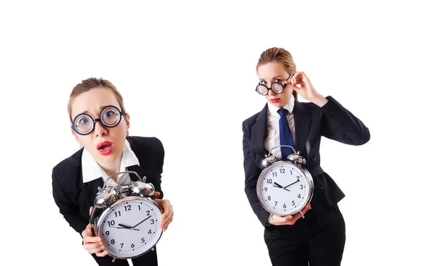 Femme d'affaires avec horloge géante — Photo