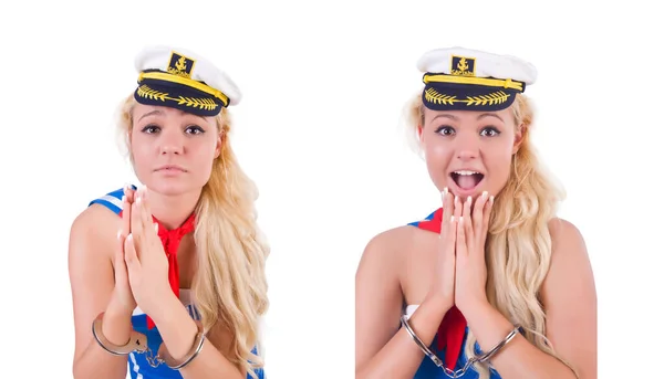 Joven marinero con esposas aisladas en blanco —  Fotos de Stock