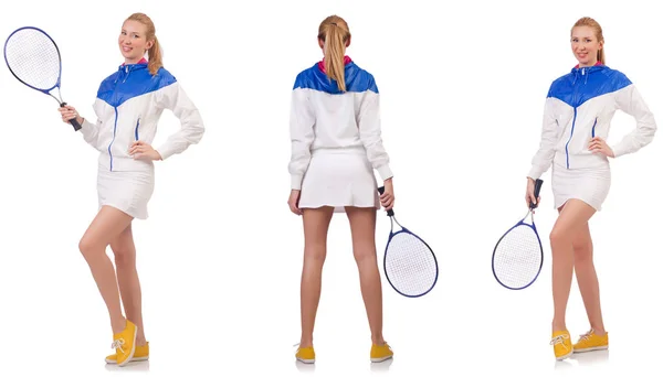 Молода красива леді грає в теніс ізольовано на білому — стокове фото