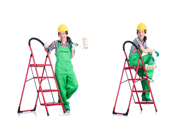 Woman repair worker with ladder — Stock Photo, Image