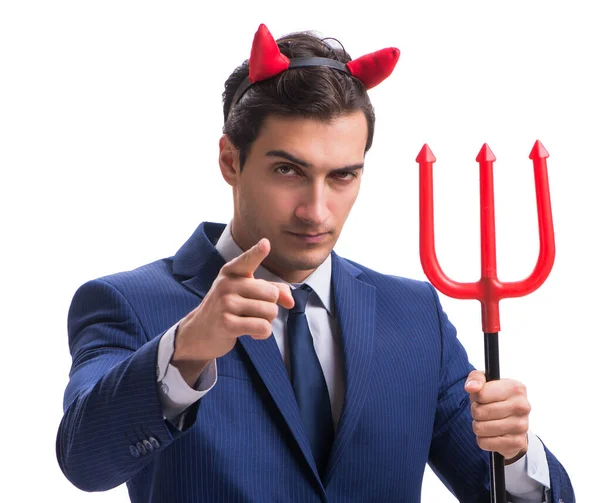 Evil devil businessman with pitchfork isolated on white backgrou — Stock Photo, Image