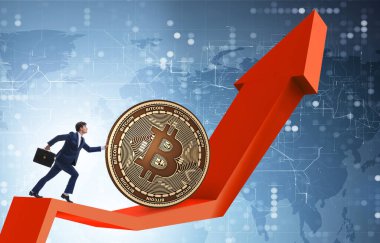 İşadamı, kripto para zinciri konseptinde bitcoin basıyor