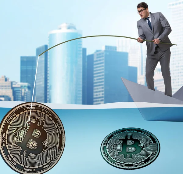Affärsman fiske bitcoins i kryptovaluta gruvor koncept — Stockfoto