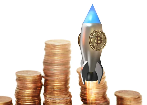 Bitcoins in blockchain cryptogeld concept - 3 rendering — Stockfoto