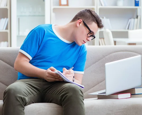 Estudiante joven preparándose para los exámenes que estudian en casa en un sofá — Foto de Stock