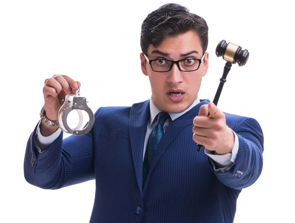 Jurastudent mit Hammer auf weißem Hintergrund — Stockfoto