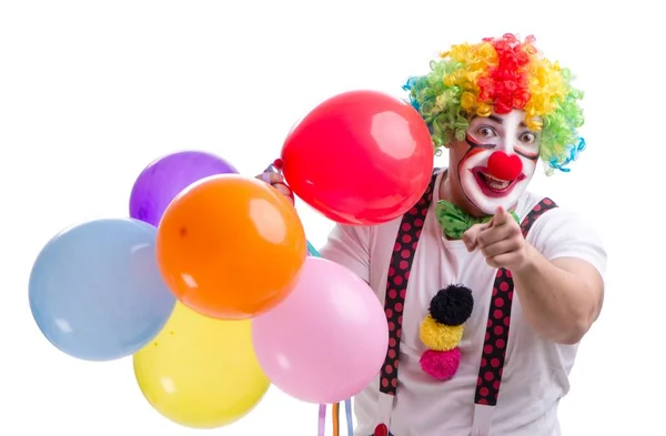 Смешной клоун с воздушными шарами на белом фоне — стоковое фото