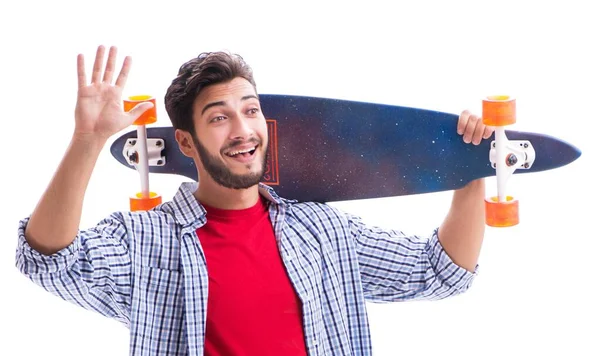 Joven skateboarder con un longboard aislado en blanco — Foto de Stock