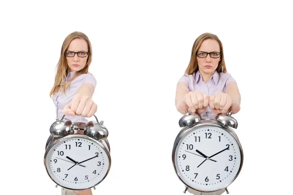 Young employee holding alarm clock isolated on white — Stock Photo, Image