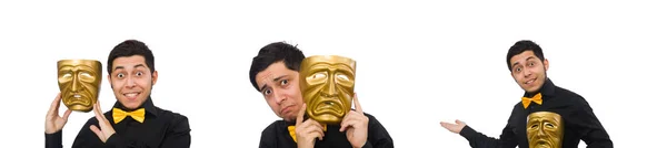 Jongeman met gouden Venetiaans masker geïsoleerd op wit — Stockfoto
