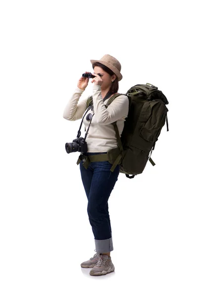 Turista femenina envejecida aislada en blanco —  Fotos de Stock