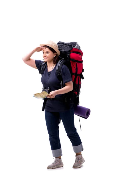 Turista feminino envelhecido isolado em branco — Fotografia de Stock