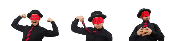 Jeune homme avec masque rouge isolé sur blanc — Photo