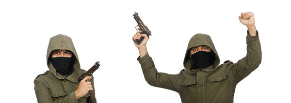 Человек в маске в криминальной концепции на белом