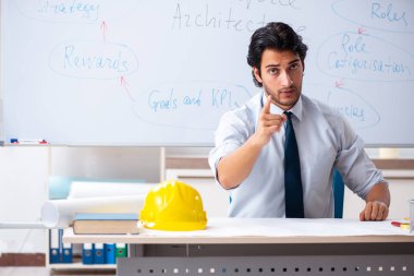 Genç erkek mimar beyaz tahtanın önünde.