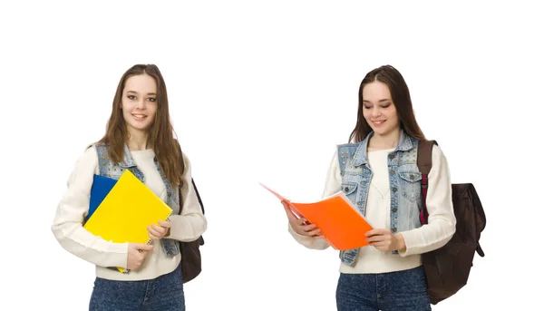 Bella studente in possesso di libri di testo isolati su bianco — Foto Stock