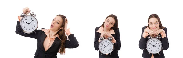 Senhora de negócios segurando despertador isolado no branco — Fotografia de Stock