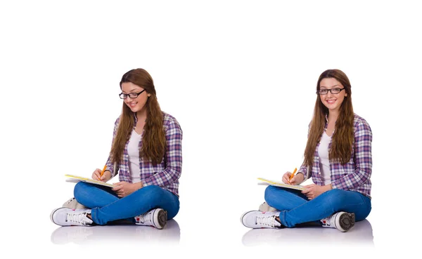 Junge Studentin mit Büchern auf der weißen Seite — Stockfoto